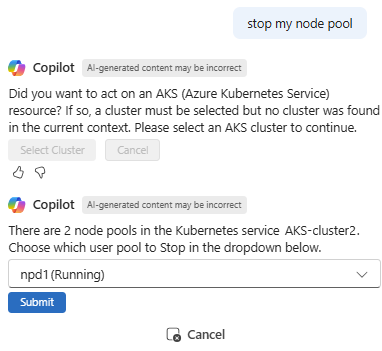 AKS ノード プールを停止する要求に応答する Microsoft Copilot in Azure を示すスクリーンショット。