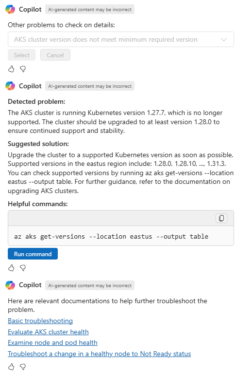 Kubernetes バージョンに関する問題の詳細を示す、Azure の Copilot のスクリーンショット。