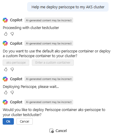 クラスターに Periscope をデプロイする前に確認を求める Copilot in Azure のスクリーンショット。