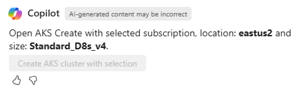 選択した VM サイズのクラスターを作成するためのリンクを提供する Azure の Copilot のスクリーンショット。
