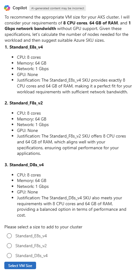 新しい AKS クラスターの適切な VM サイズに関する推奨事項を提供する Azure の Copilot のスクリーンショット。