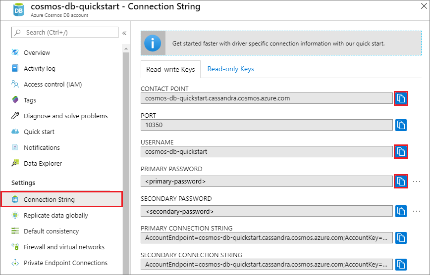 Azure portal の [接続文字列] ページから詳細を表示してコピーする