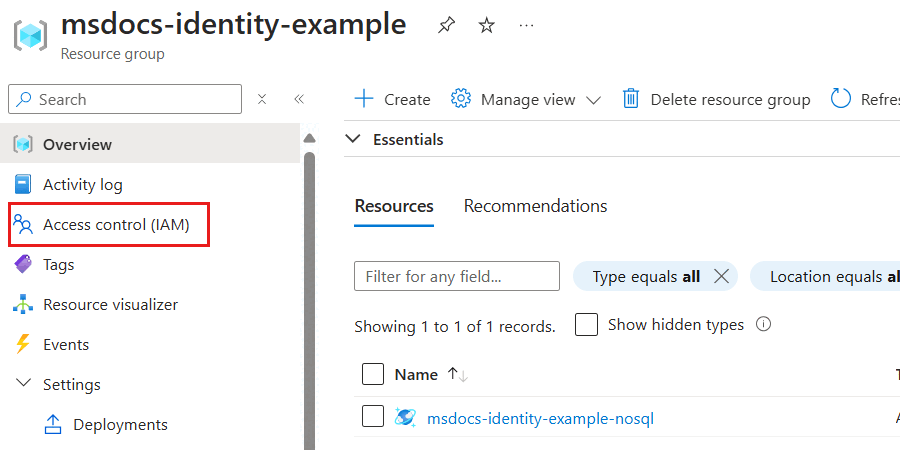 リソース グループのサービス メニューの [アクセス制御 (IAM)]オプションのスクリーンショット。