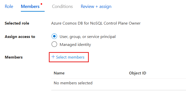 ロールの割り当てを追加するための [メンバー] ウィンドウのスクリーンショット。