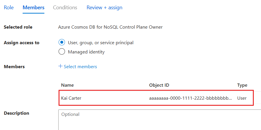 ロールの割り当ての ID が選択されている [メンバー] ウィンドウのスクリーンショット。