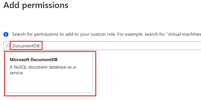 カスタム ロールを追加するための 'DocumentDB' に関連するアクセス許可にフィルター処理された [アクセス許可の追加] ダイアログのスクリーンショット。