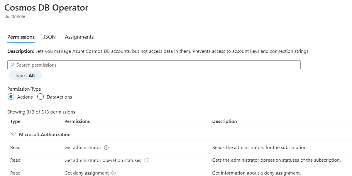 組み込みのロール定義の詳細を示す [Cosmos DB オペレーター] ダイアログのスクリーンショット。