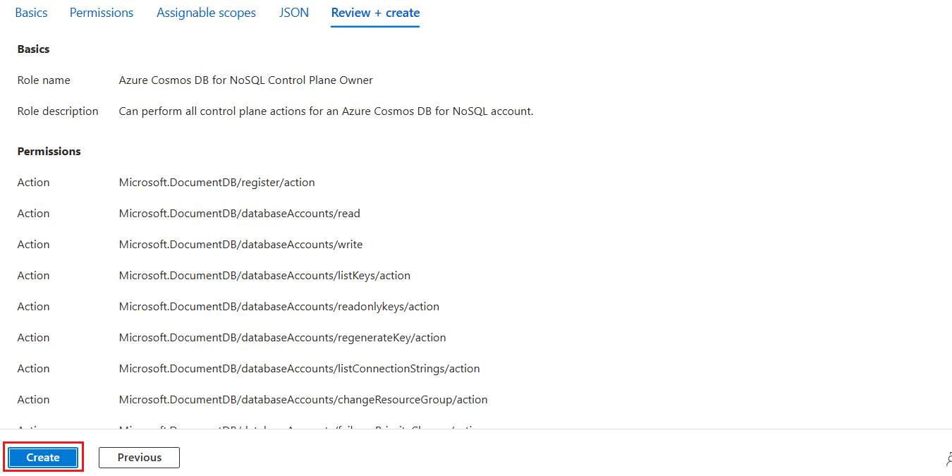 カスタム ロールを追加するための [確認と作成] ウィンドウのスクリーンショット。