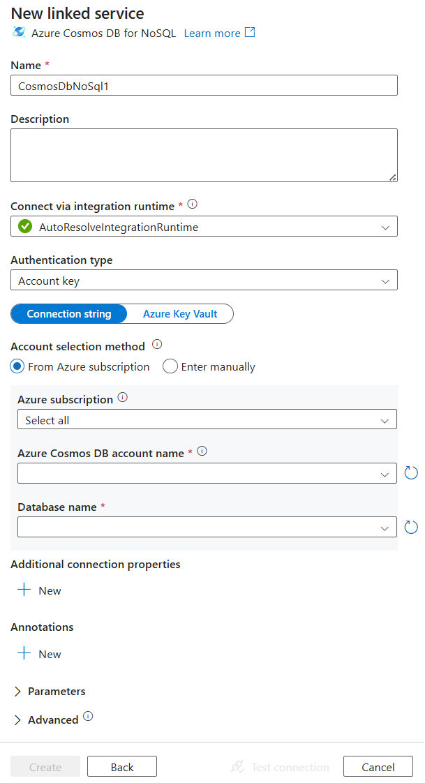 Azure Cosmos DB のリンク サービスの構成のスクリーンショット。