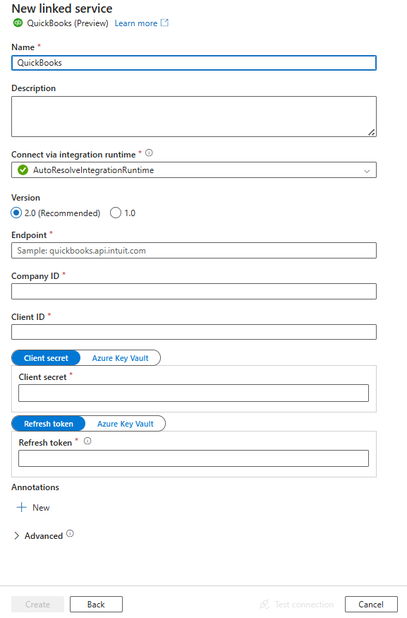 QuickBooks のリンクされたサービス構成のペインのスクリーンショット。