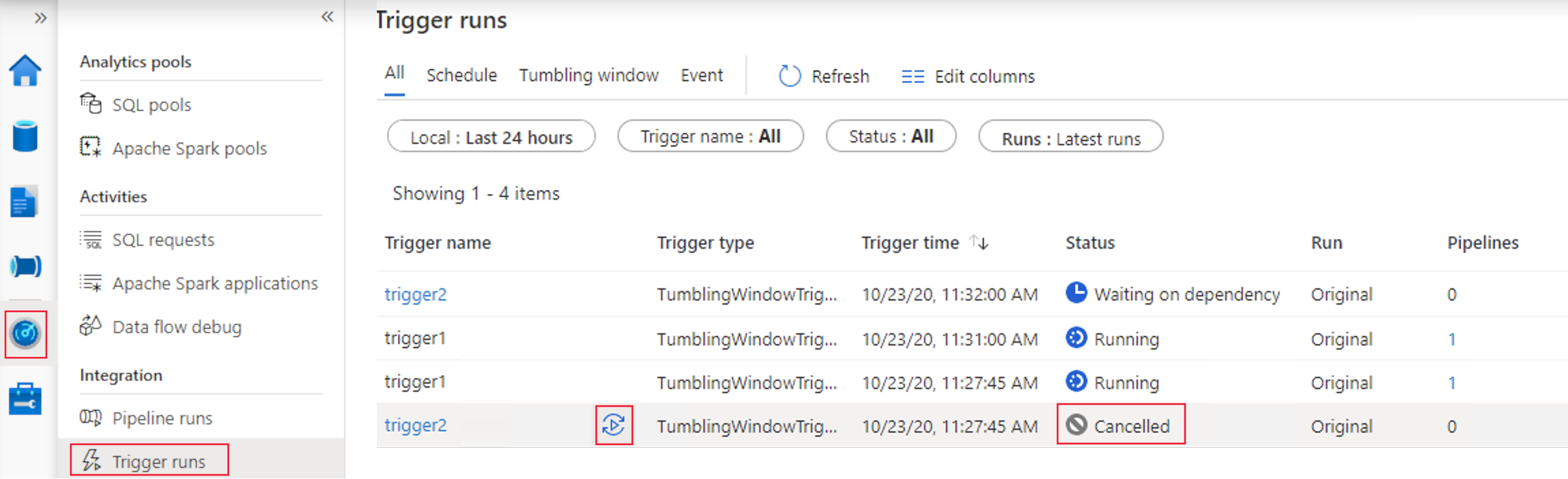 これは、Azure Synapse で以前にキャンセルされた実行のためにタンブリング ウィンドウ トリガーを再実行するスクリーンショットです。