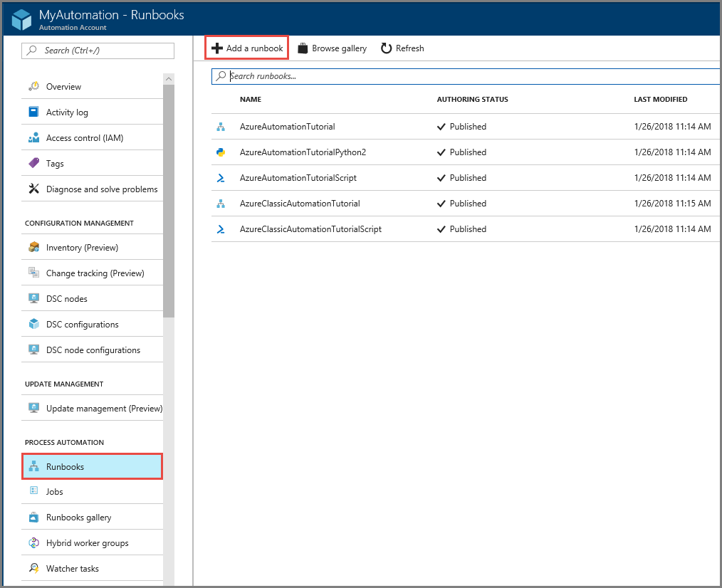 Runbook を追加するためのボタンを示すスクリーンショット。