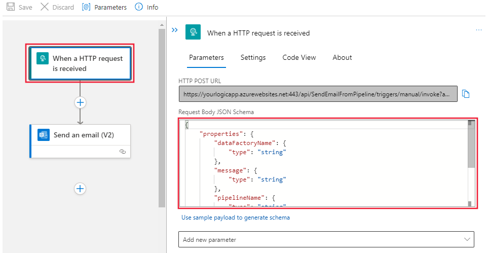 リクエストトリガーのワークフローデザイナーを表示し、リクエスト本文の JSON スキーマ フィールドが入力されています。