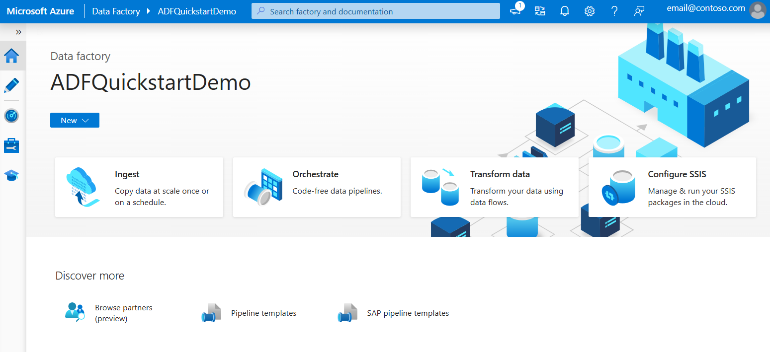 作成されたデータ ファクトリの Azure Data Factory Studio ページを示すスクリーンショット。