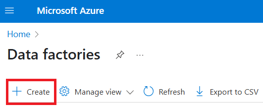 データ ファクトリの Azure portal ページの [作成] ボタンのスクリーンショット。