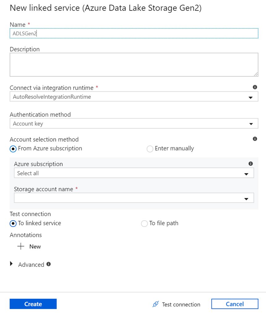 Azure Data Lake Storage の新しいリンクされたサービスを作成するためのウィンドウのスクリーンショット。
