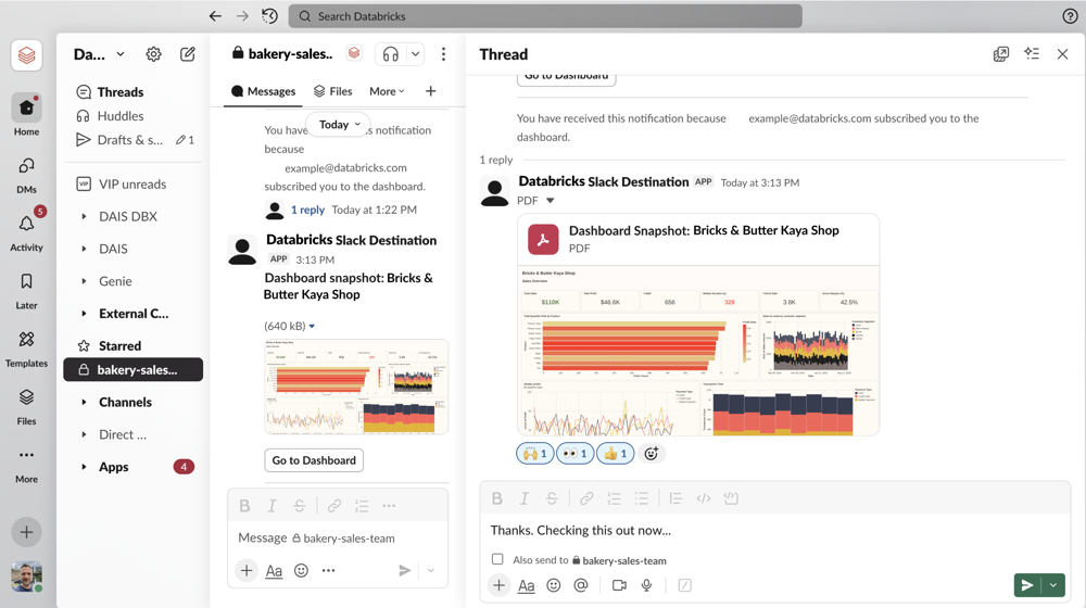 ダッシュボード スナップショットを示す Slack 通知の例