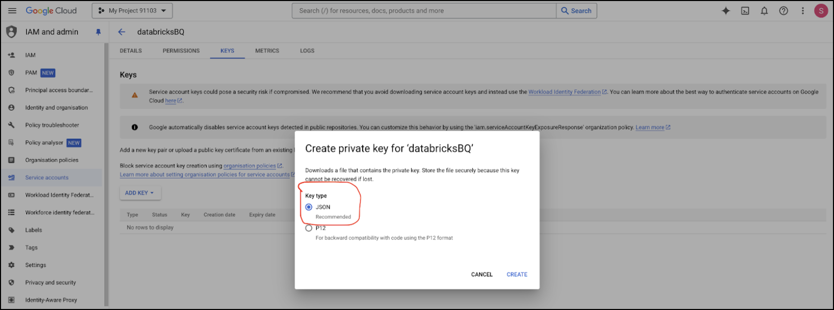 サービス アカウントの JSON キーをダウンロードする