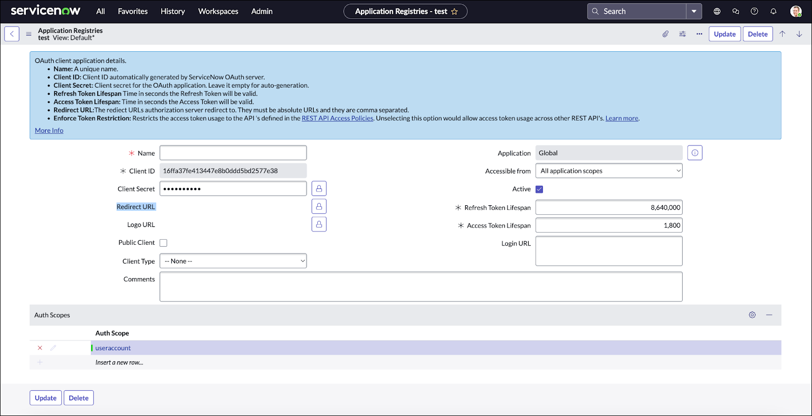 ServiceNow OAuth アプリケーションの詳細