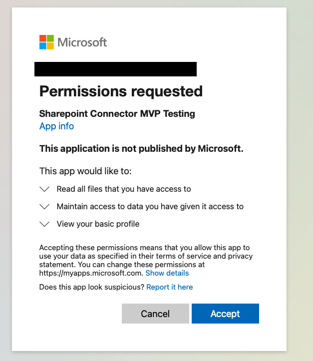 [Microsoft のアクセス許可が要求されました] ダイアログ ボックス