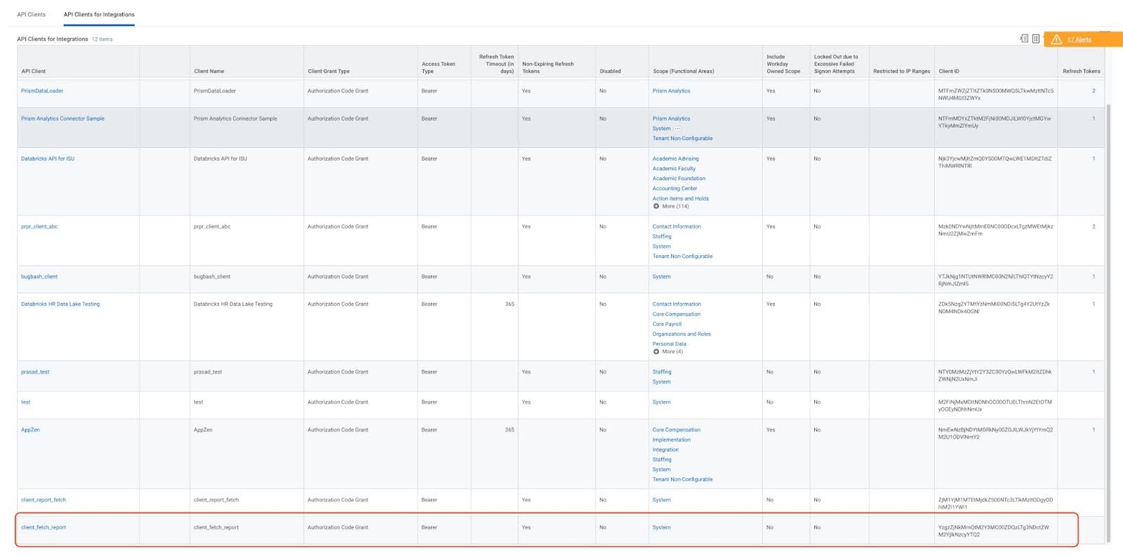API クライアントの一覧を表示する