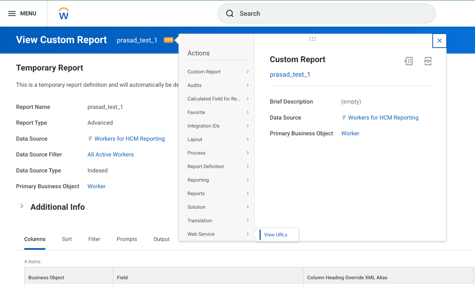 Workday レポートの [URL の表示] ボタン