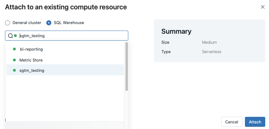 SQL ウェアハウスが選択されているその他のクラスターのダイアログ