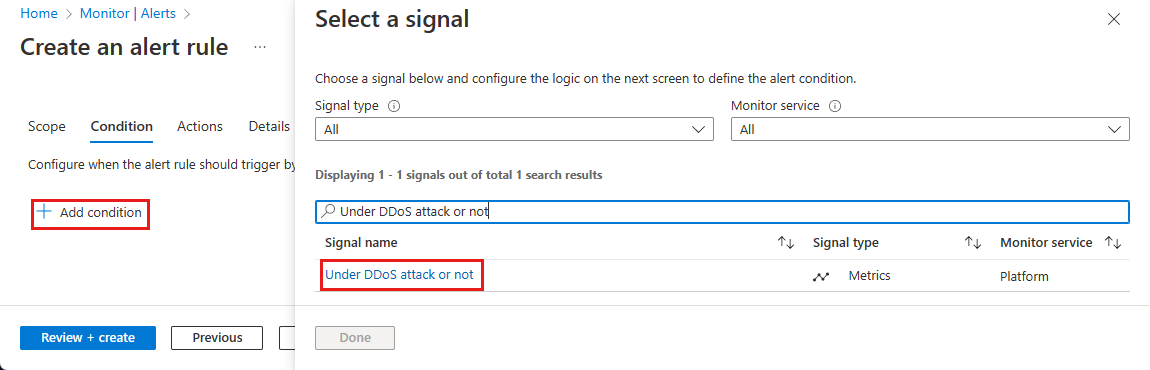 DDoS Protection 攻撃アラート条件の追加操作のスクリーンショット。