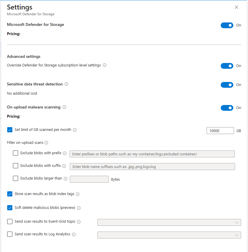 Microsoft Defender for Storage の詳細設定ページのスクリーンショット。