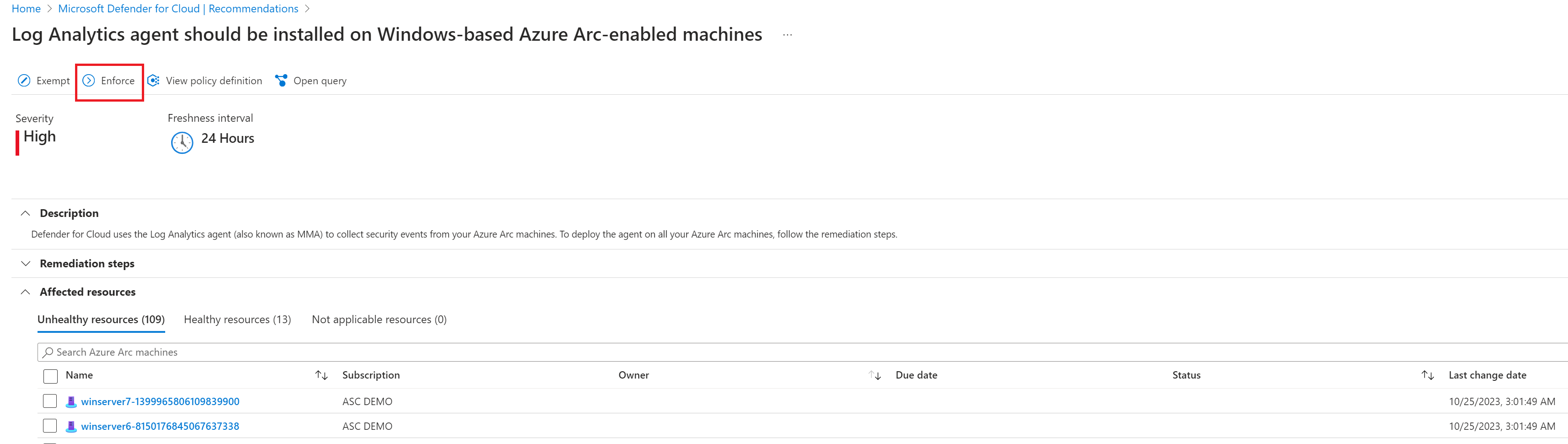 特定の推奨事項の適用方法を示すスクリーンショット。