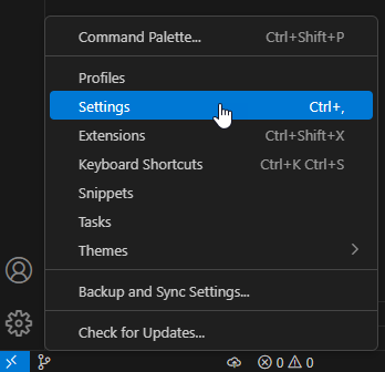 [管理] ボタンを選択して Visual Studio Code の設定メニューを示すスクリーンショット。