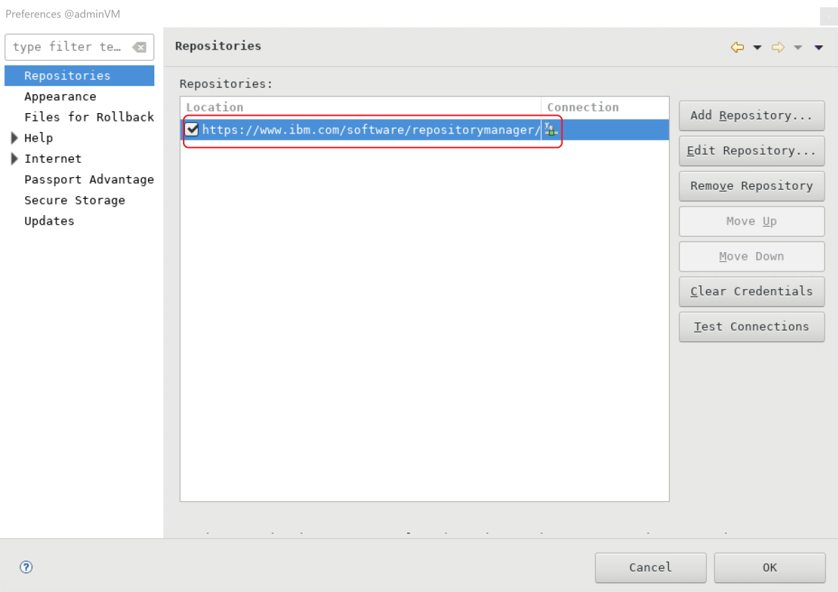 IBM WebSphere Application Server に追加された製品リポジトリのスクリーンショット。