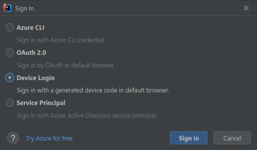デバイス ログインが選択された [Azure サインイン] ウィンドウ。