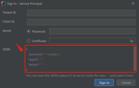 JSON パネル ウィンドウと貼り付け情報。