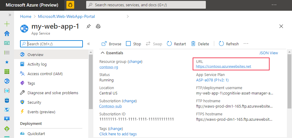 Azure portal のサービスの [概要] ページから HTTP エンドポイントを表示します。