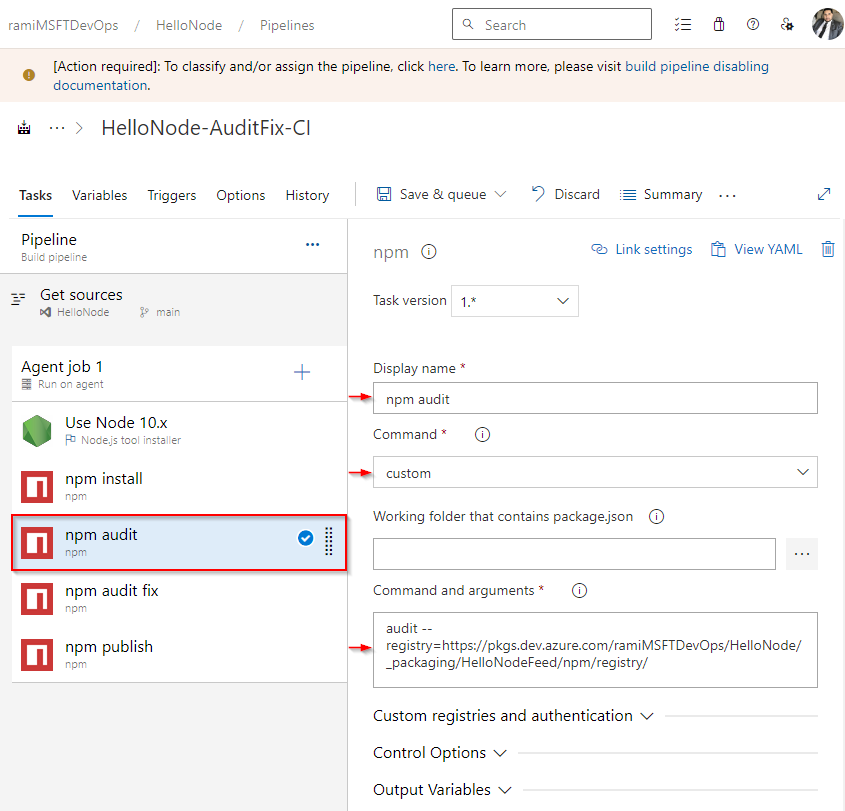 クラシック パイプラインの npm 監査タスクを示すスクリーンショット。