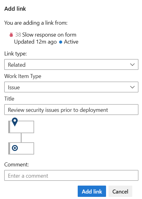 [リンクの追加] ダイアログ、[新しい作業項目へのリンク] のスクリーンショット。