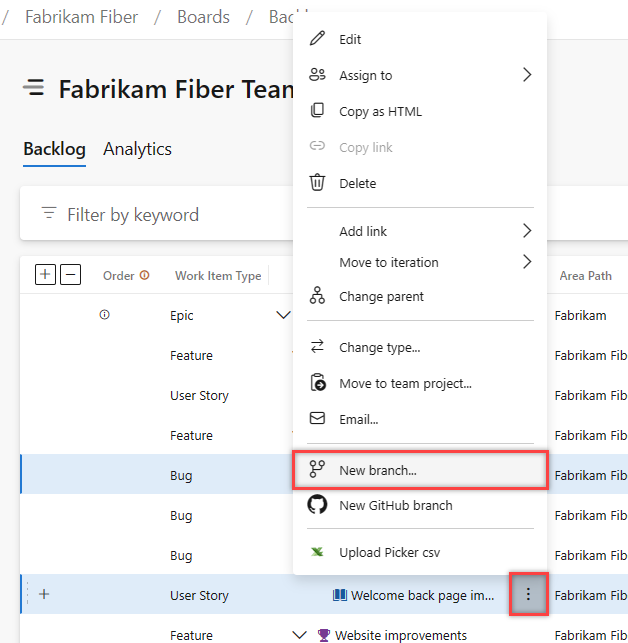 バックログのコンテキスト メニューのスクリーンショット、複数のバックログ項目の Git ブランチへのリンクを選択します。