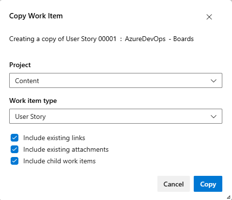 スクリーンショットは、[作業項目のコピー] ダイアログを示しています。