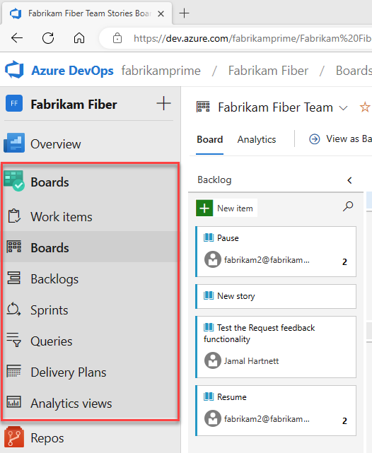 作業項目、ボード、バックログ、スプリント、クエリ、配信プラン、分析ビューなど、Azure Boards メニューのハブのスクリーンショット。