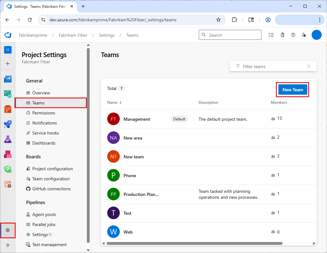 プロジェクトの設定、Teams、新しいチームを示すスクリーンショット。
