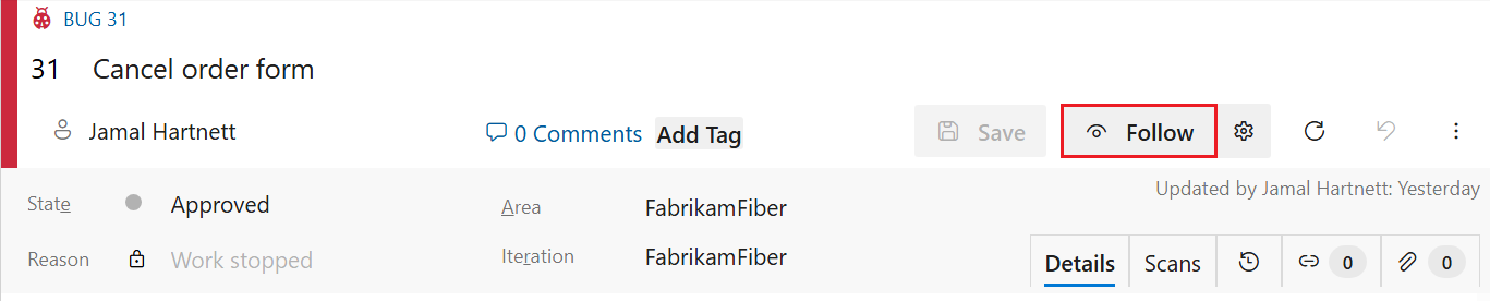 作業項目フォーム、フォロー アイコン コントロールを示すスクリーンショット。