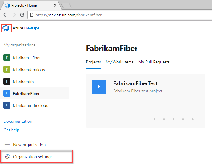 組織の設定のスクリーンショット。