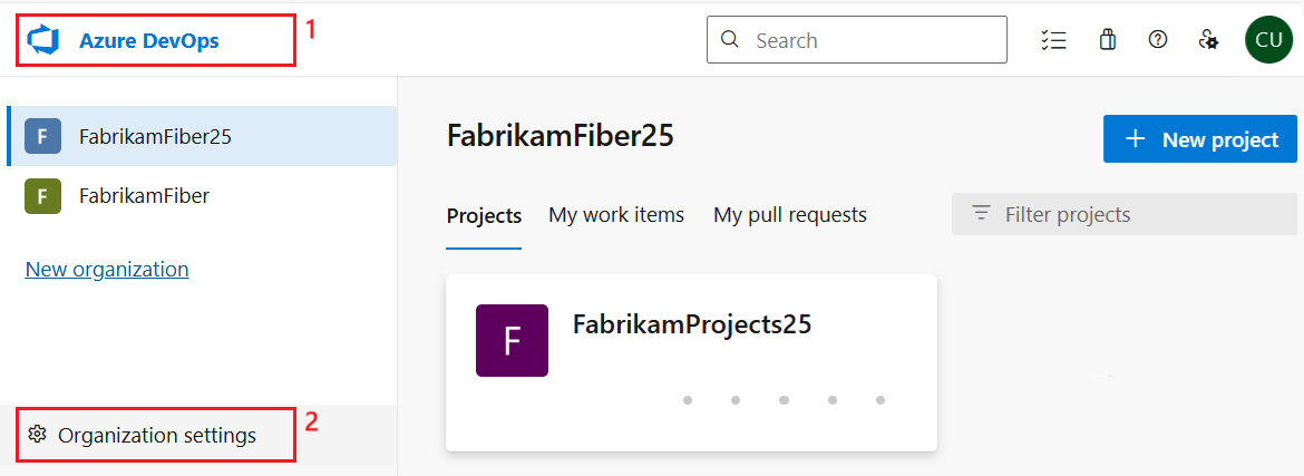 最初に製品アイコンを選択して Azure DevOps の [組織の設定] ページを開く方法を示すスクリーンショット。