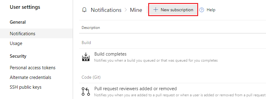 以前のバージョンの Azure DevOps で [新しいサブスクリプション] オプションを選択する方法を示すスクリーンショット。