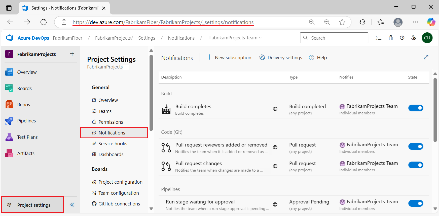 Azure DevOps の [プロジェクト設定] の [チーム通知] ページのスクリーンショット。