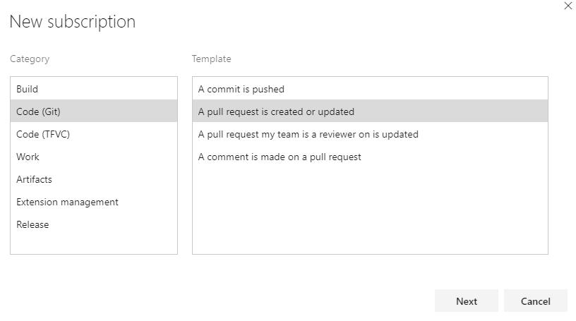 イベント カテゴリとテンプレート ページを選択する方法を示すスクリーンショット。