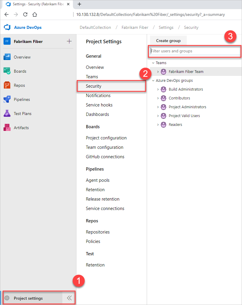 フィルター ボックスにユーザー名を入力しているスクリーンショット、Azure DevOps Server 2019。