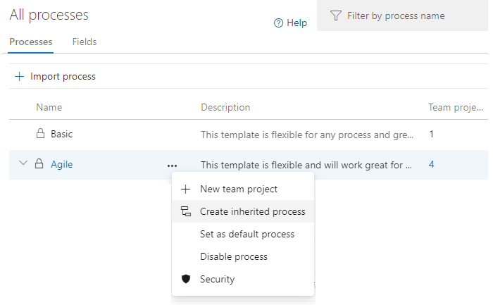 コンテキスト メニューの [継承されたプロセスの作成の選択]、Azure DevOps のスクリーンショット。