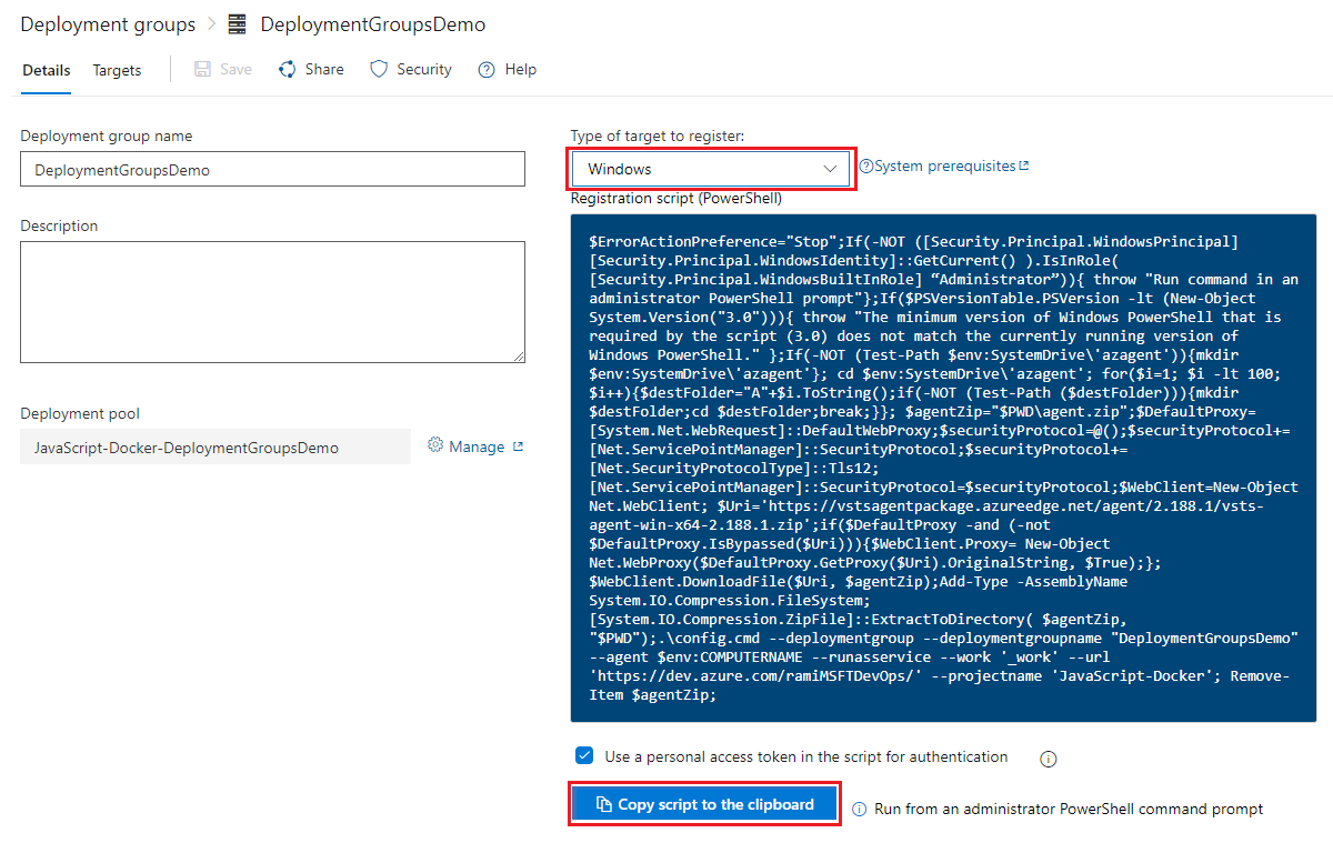 Azure Pipelines でデプロイ グループを作成する方法を示すスクリーンショット。